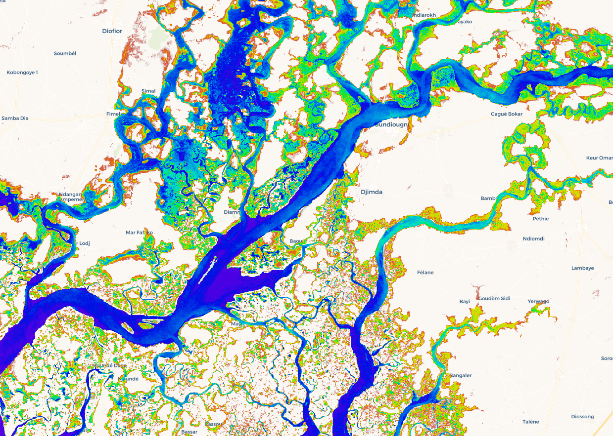 Water Observations from Space all-time summary (WOfS) over Senegal