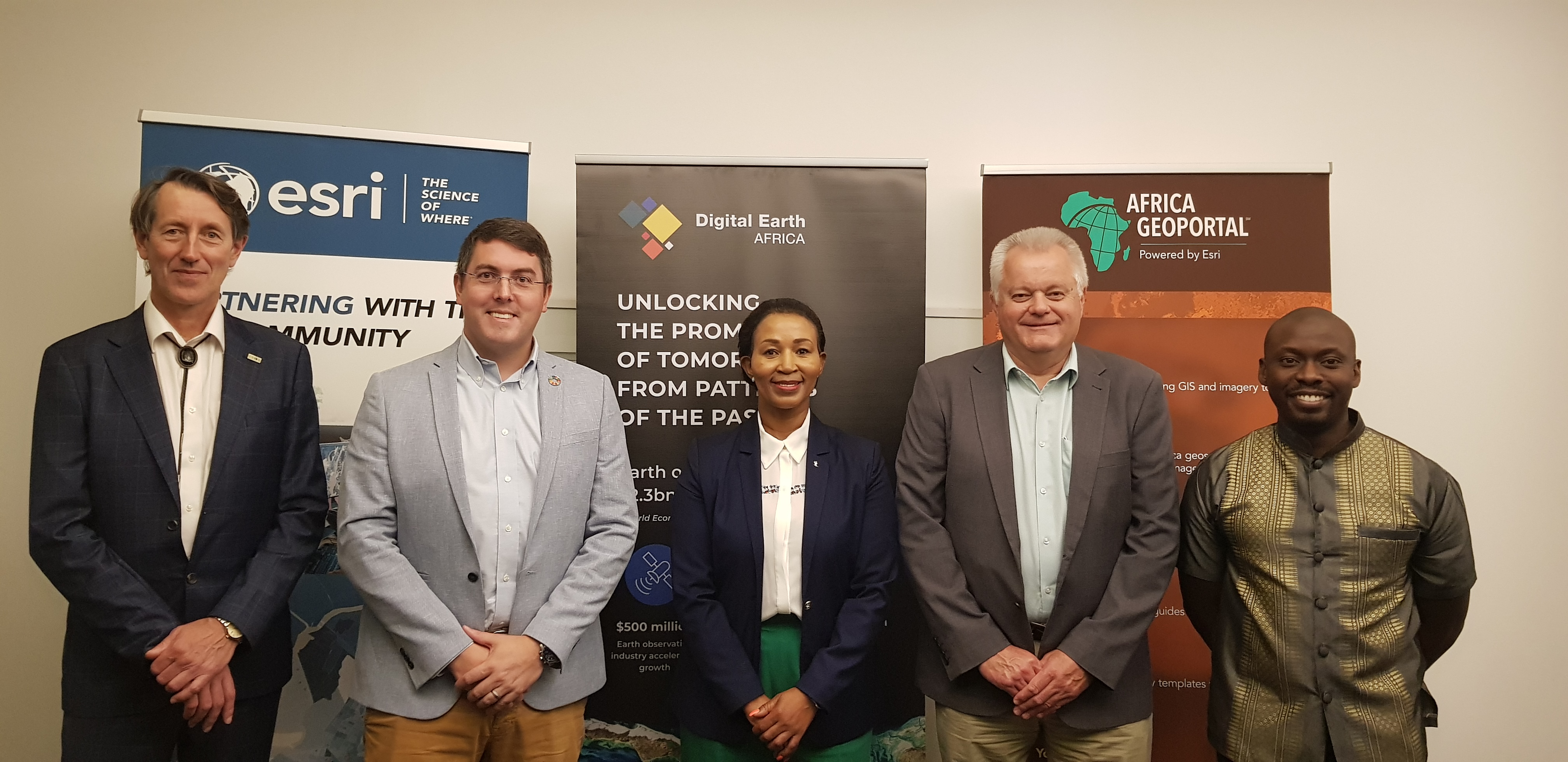 FROM LEFT Dr Adam Lewis DEA Senior Advisor, Matthew Pennells from Esri, DEA Managing Director Dr Thembi Xaba, Stuart Martin from Esri South Africa & Zviko Mudimu DEA Head of Operations