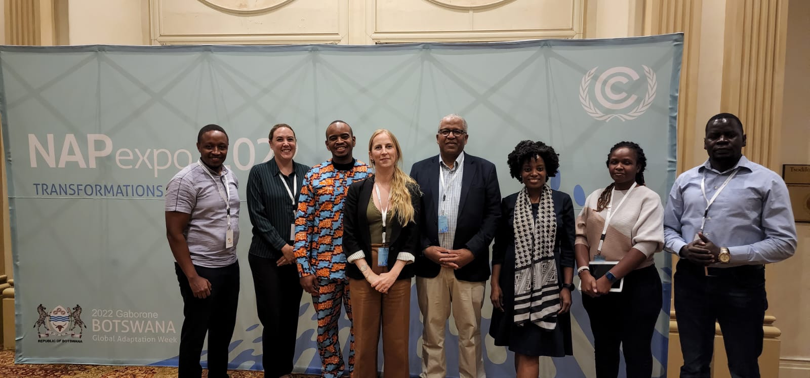 FROM LEFT: Kenneth Mwangi – ICPAC, Dr. Emily Smail – GEO Blue, Dr. Kenneth Mubea – DE Africa, Dr. Sara Venturini– GEO, Dr. Paul Desanker – UNFCCC, Maud Nale – DE Africa, Esther Makabe – GEO and Calvince Wara – RCMRD