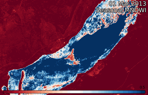 A gif of the decreasing water at Lake Ngami using the MNDWI from Landsat 8