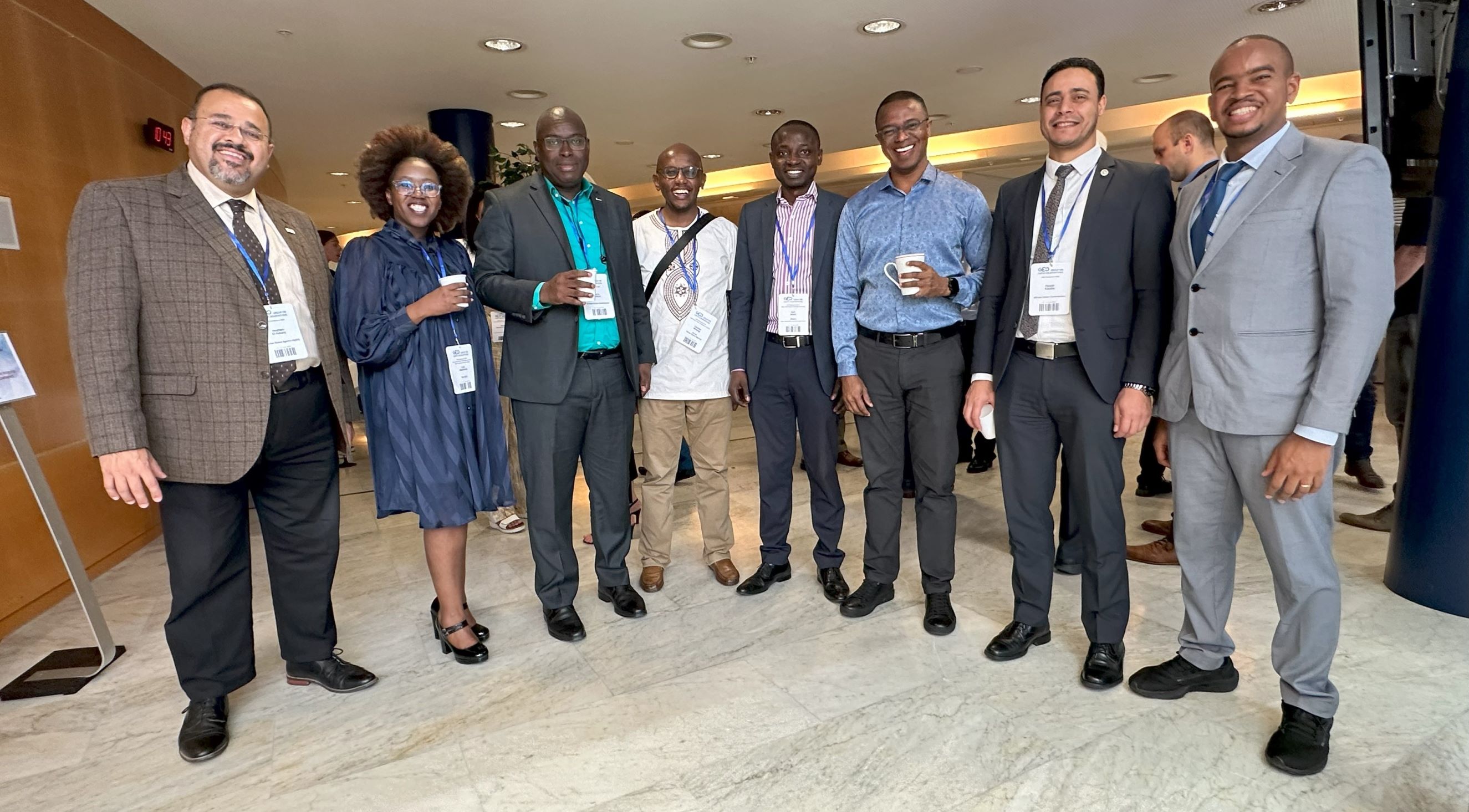 FROM LEFT: Prof. El-Askary M Hesham (Egypt) , Lulu Makapela – CSIR, Dr. Tidianne Ouattara-Africa Union, Charles Maina – Kenya Space Agency, Kofi Asare-Ghana Space Science and Technology Centre, Ernest Acheampong-GEO Capacity Development Coordinator, Hamdi Kacem-Africa Union and Ken Mubea - DE Africa