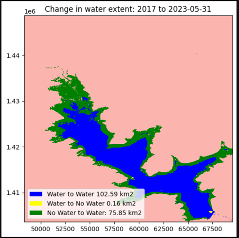 Figure 3. 	Change in water extent by area in Kompienga Dam from January 2017 to June 2023 (The new surface water covers as increased for more than 73% of its all-time water surface).