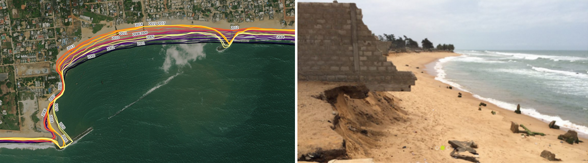 Changes in coastline positions due to erosion and deposition around marine infrastructure, Cotonou, Benin, 2000–2017 