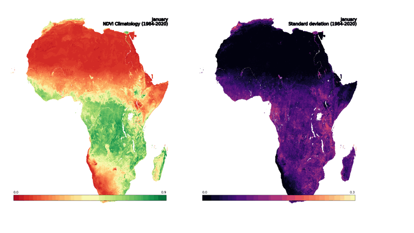 NDVI Climatology (left: mean; right: standard deviation) for the African continent, 1984-2020. 