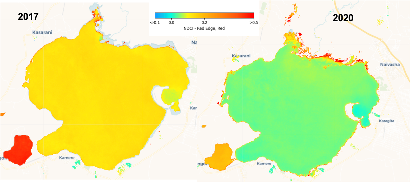 Water quality generated using Normalised Difference Chlorophyll Index (NDCI) index (red edge and Red bands) using Sentinel 2 GeoMAD in 2017 and 2020