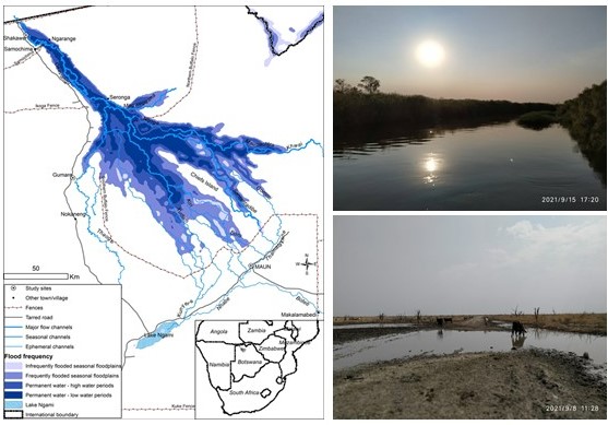 Pictures of Lake Ngami and a map of the Okavango Delta
